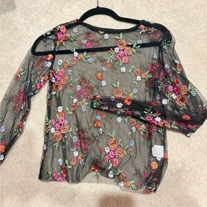 Floral Embroidered Sheer Black Top